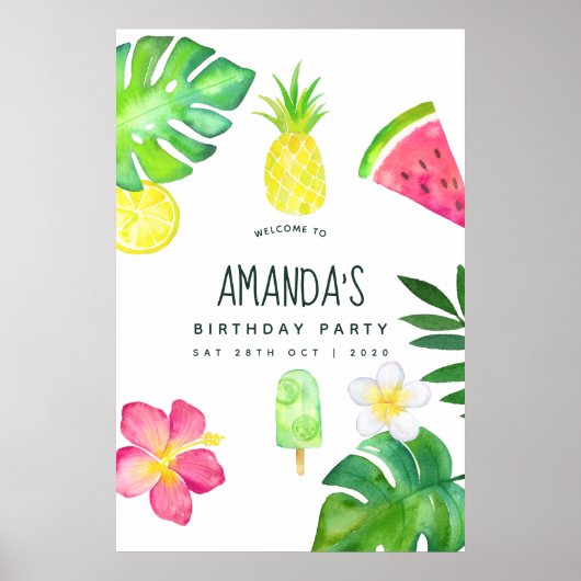 Poster Anniversaire d'été aquarelle tropicale (Devant)