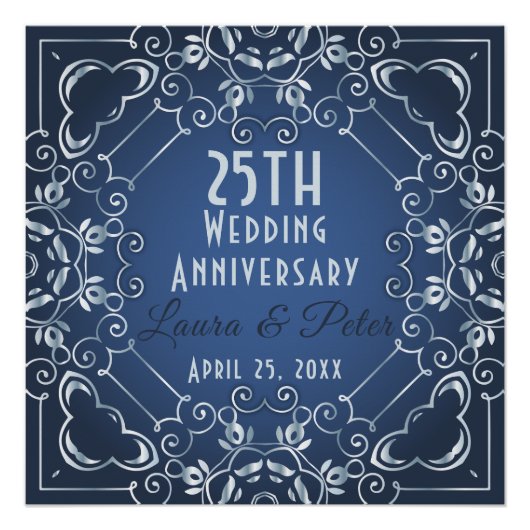 Poster Anniversaire élégant du Mariage Bleu et Argent (Devant)