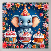 Poster Anniversaire éléphant avec gâteau et ballons (Devant)