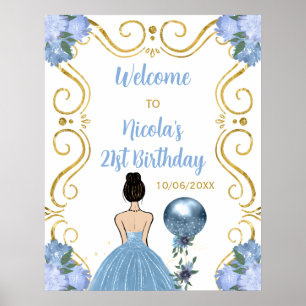 Poster Anniversaire Fête Brown Cheveux Princesse Bleue Bi