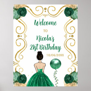 Poster Anniversaire Fête Brown Cheveux Princesse Green Bi
