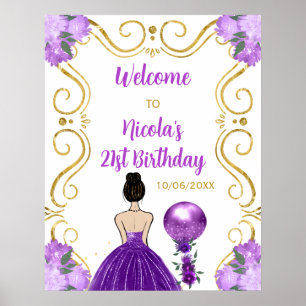 Poster Anniversaire Fête Brown Cheveux Princesse Purple B