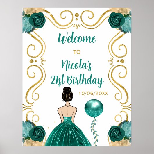Poster Anniversaire Fête Brown Cheveux Princesse Turquois (Devant)