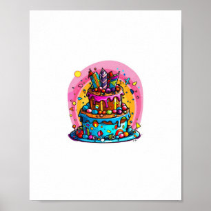 Poster Anniversaire, gâteau d'anniversaire coloré