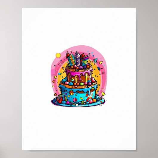 Poster Anniversaire, gâteau d'anniversaire coloré (Devant)