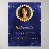 Poster Anniversaire marine bleu or photo diamants bienven (Devant)
