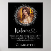 Poster Anniversaire noir argent parties scintillant photo (Devant)