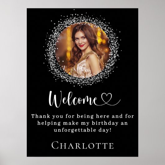Poster Anniversaire noir argent parties scintillant photo (Devant)