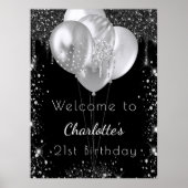 Poster Anniversaire noir ballons d'argent signe de bienve (Devant)