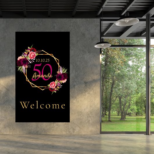 Poster Anniversaire noir fleurons géométriques or bordeau