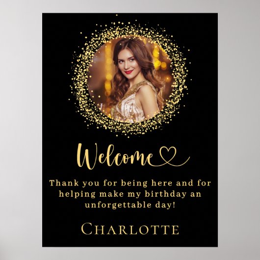 Poster Anniversaire noir or parties scintillant photo bie (Devant)