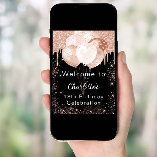 Poster Anniversaire noir rose or ballons bienvenue