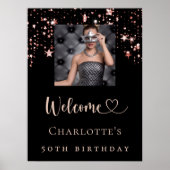 Poster Anniversaire noir rose or photo étoiles bienvenue (Devant)