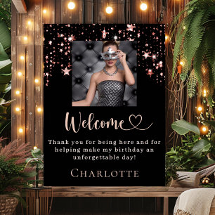 Poster Anniversaire noir rose or photo étoiles bienvenue
