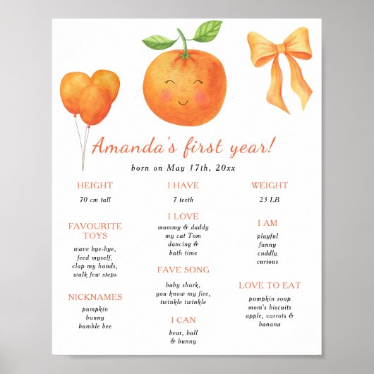 Poster Anniversaire Orange et Bow Premier anniversaire (Devant)