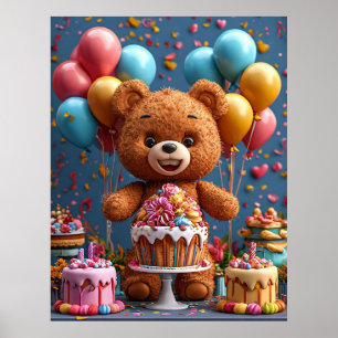 Poster Anniversaire Ourson en Peluche Avec Gâteau Et Ball