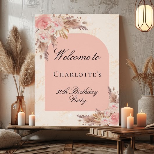 Poster Anniversaire pampas herbe rose or blush arche bien