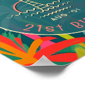 Poster Anniversaire Plage de fête palmier Coucher de sole (Coin)