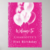 Poster Anniversaire rose ballons blancs bienvenue (Devant)