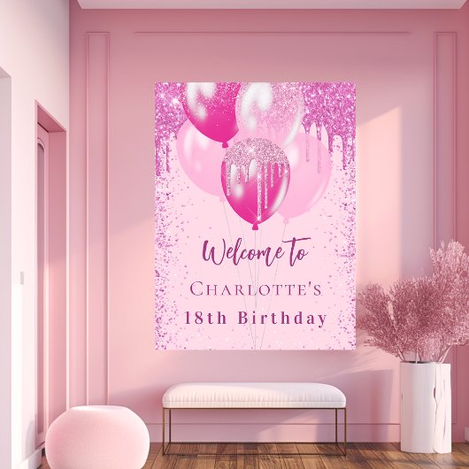 Poster Anniversaire rose ballons fille bienvenue