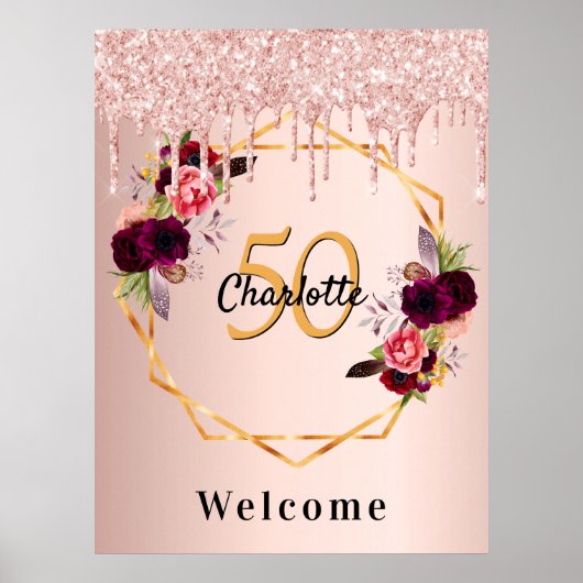 Poster Anniversaire rose or florales parties scintillant  (Devant)