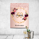 Poster Anniversaire rose or florales parties scintillant<br><div class="desc">Pour une fête d'anniversaire de 50e (ou tout âge). Un arrière - plan rose à l'aspect faux métallique à l'or avec un cadre géométrique faux or. Décoré de fleurs violettes foncées et bordeaux, rose, plumes de style boho et fausse parties scintillant goutte à goutte, la peinture goutte à goutte. Personnalisez...</div>