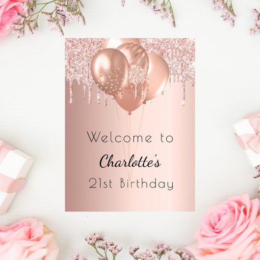 Poster Anniversaire rose rousse parties scintillant bienv