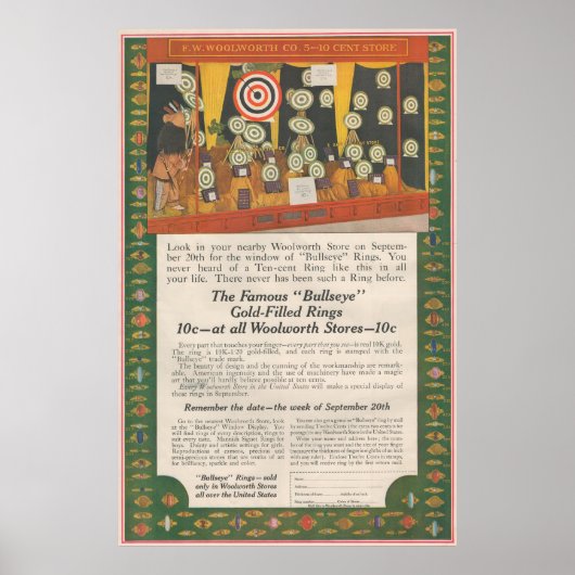 Poster Annonce 1916 pour bagues en or Woolworth Bullseye (Devant)