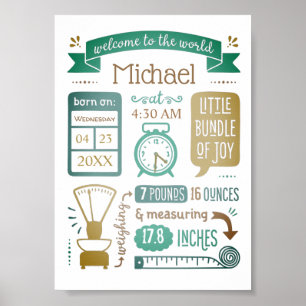 Poster Annonce de naissance Bébé Statistiques Beige Bleu