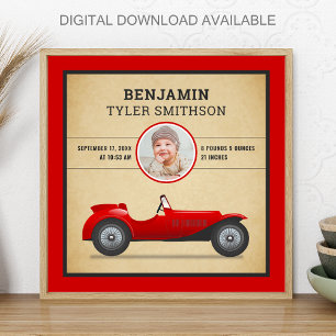 Poster Annonce de naissance de bébé voiture de course rou