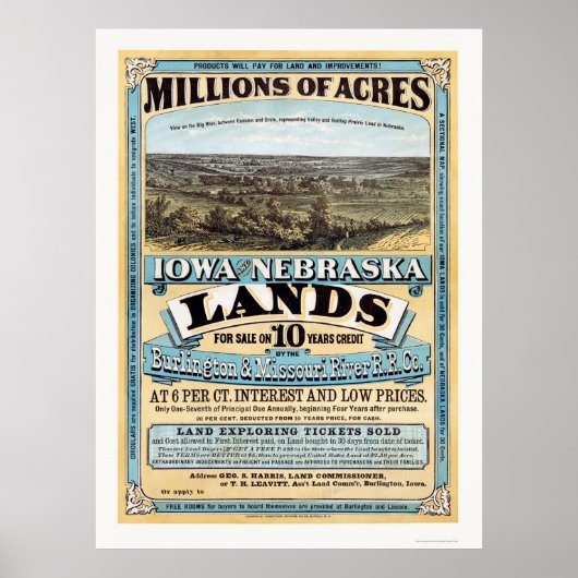Poster Annonce foncière de l'Iowa et du Nebraska 1872 (Devant)