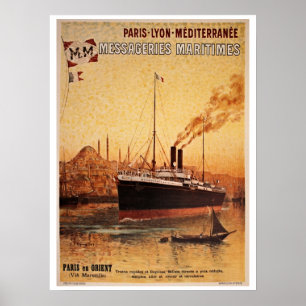 Poster Annonce vintage de voyage de bateau de Paris Lyon