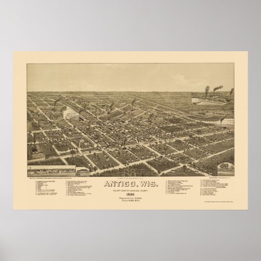 Poster Antigo, WI Carte Panoramique - 1886 (Devant)