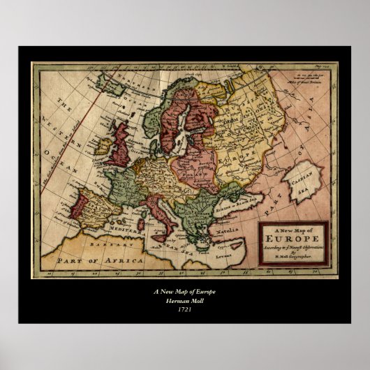 Poster Antiquarian 1721 Map of Europe by Herman Moll (Devant)