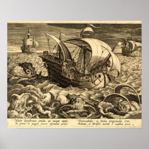 Poster Antique 1590 Navires et monstres marins