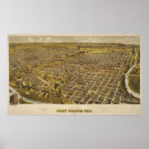Poster Antique 1891 Carte de Fort Worth, Texas, USA
