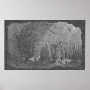 Poster Antique aquarium imprimer hippocampes poissons