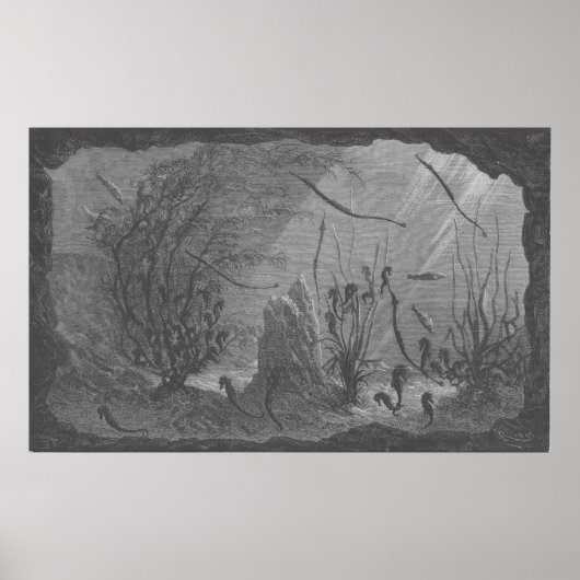 Poster Antique aquarium imprimer hippocampes poissons (Devant)