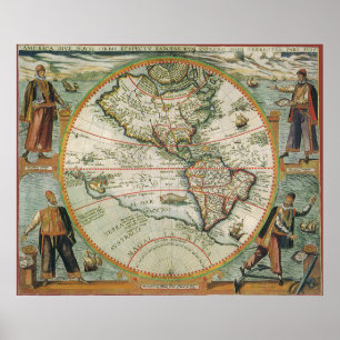 Poster Antique carte du Vieux Monde des Amériques, 1597