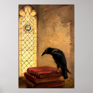 Poster Antique gothique corbeau sur des livres médiévaux