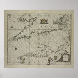 Poster Antique Map of Channel, 1666 (colour engraving)