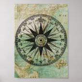 Poster Antique Nautique Compass & Map (Devant)