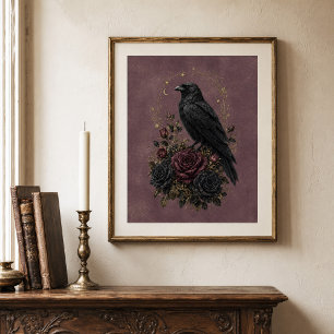 Poster Antique prune victorien gothique corbeau floral