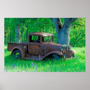 Poster Antique rusted truck in a meadow