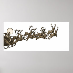 Poster Antique vintage Sepia Père Noël Sleigh Reindees
