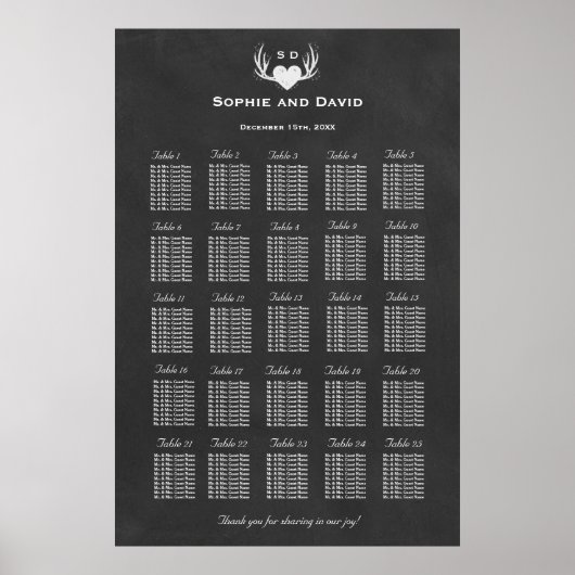 Poster Antlers & Coeur Attache Le Knot Seating Chart 250 (Devant)