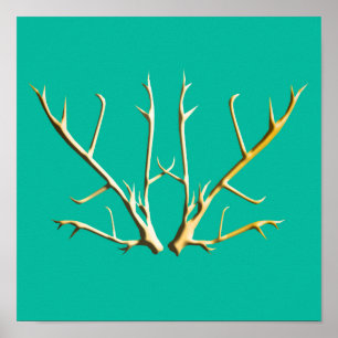 Poster Antlers en or sur Turquoise