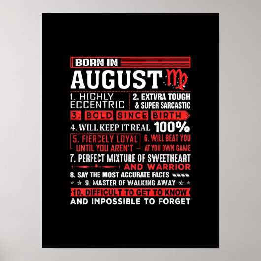 Poster Août Cadeaux Anniversaires - Né En Août Virgo (Devant)