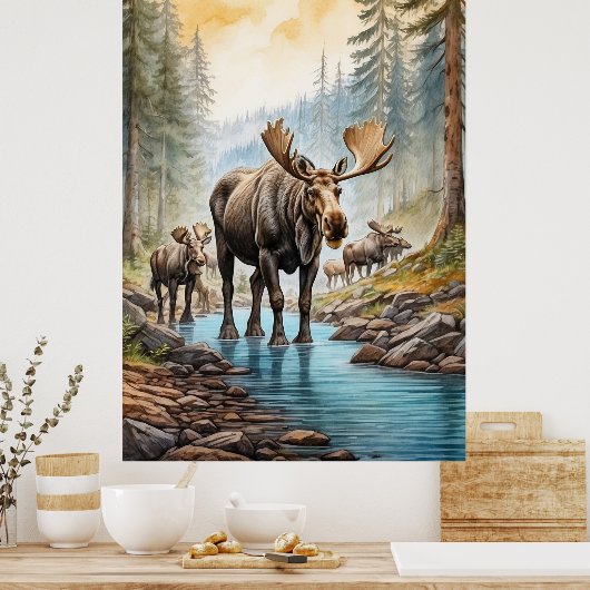 Poster *~* AP49 MOOSE Herd Stream Nature Forest (Cuisine)