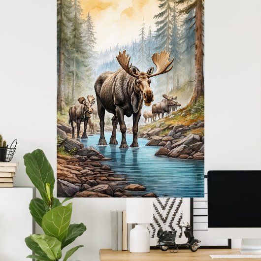Poster *~* AP49 MOOSE Herd Stream Nature Forest (Bureau à domicile)